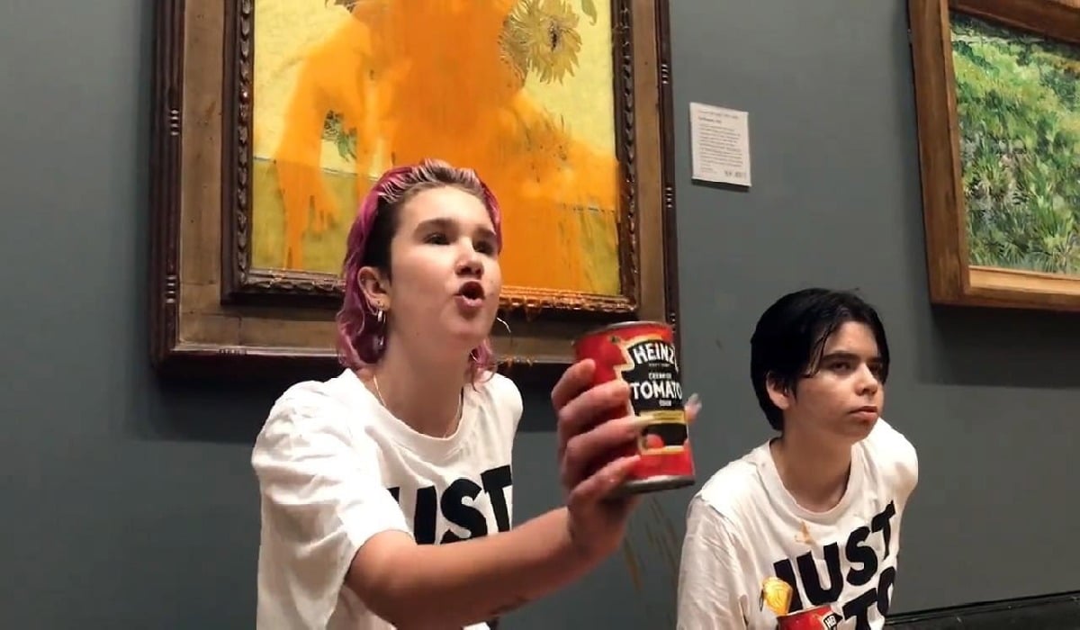 protesters throw soup onto van gogh painting