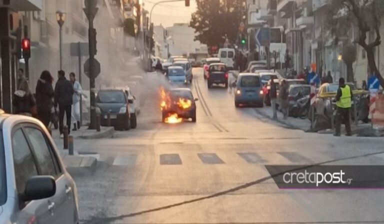 Ηράκλειο: Όχημα τυλίχθηκε στις φλόγες εν κινήσει (εικόνες)