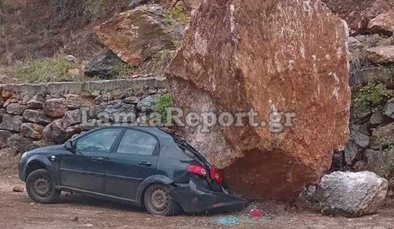 Λαμία: Βράχος καταπλάκωσε και «έλιωσε» αυτοκίνητο σε μοναστήρι (εικόνα)