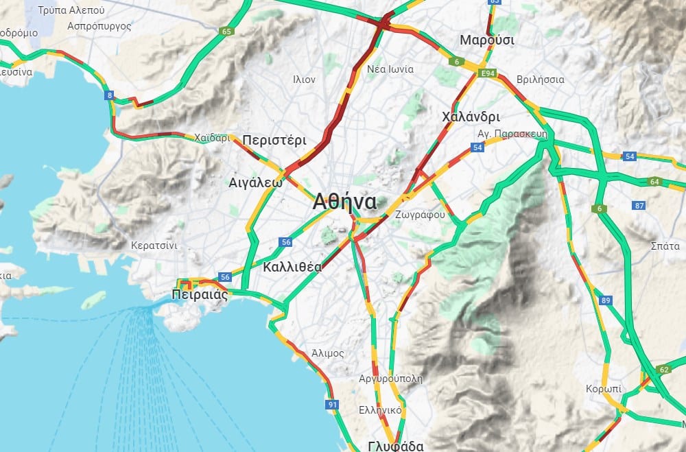 Κίνηση τώρα: Στο «κόκκινο» ο Κηφισός - Πού αλλού υπάρχουν προβλήματα (live ο χάρτης)
