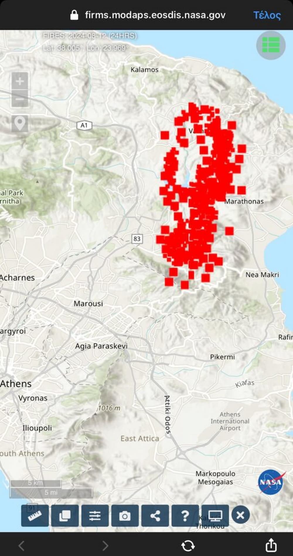 Φωτιά στην Αττική: Πύρινο μέτωπο 30 χιλιομέτρων - Σοκάρει ο χάρτης της NASA (εικόνες)