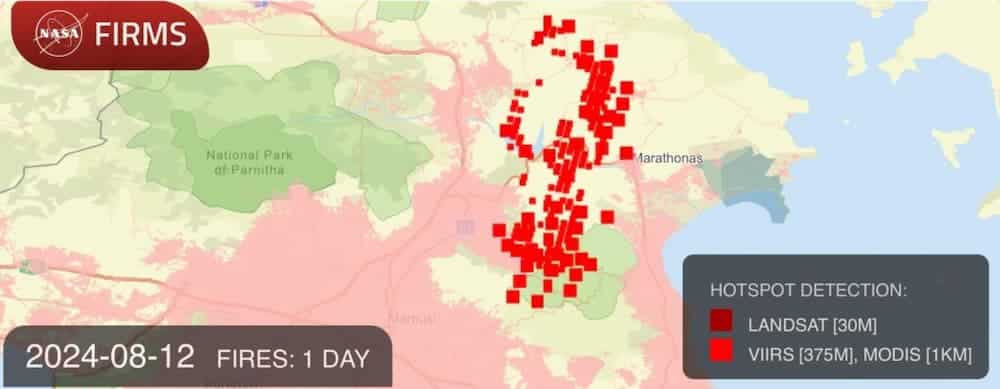 Φωτιά στην Αττική: Πύρινο μέτωπο 30 χιλιομέτρων - Σοκάρει ο χάρτης της NASA (εικόνες)