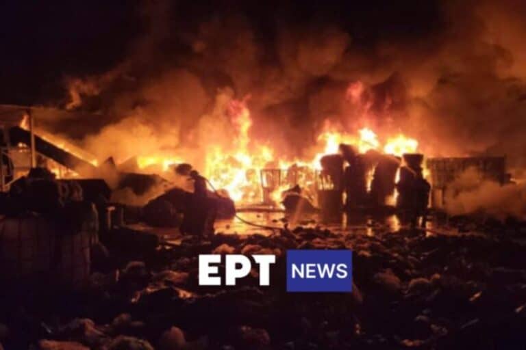 Μεγάλη φωτιά στα Χυτήρια Λέσβου – Καίγονται πλαστικά και ανακυκλώσιμα υλικά, μήνυμα του 112 στους κατοίκους (βίντεο)