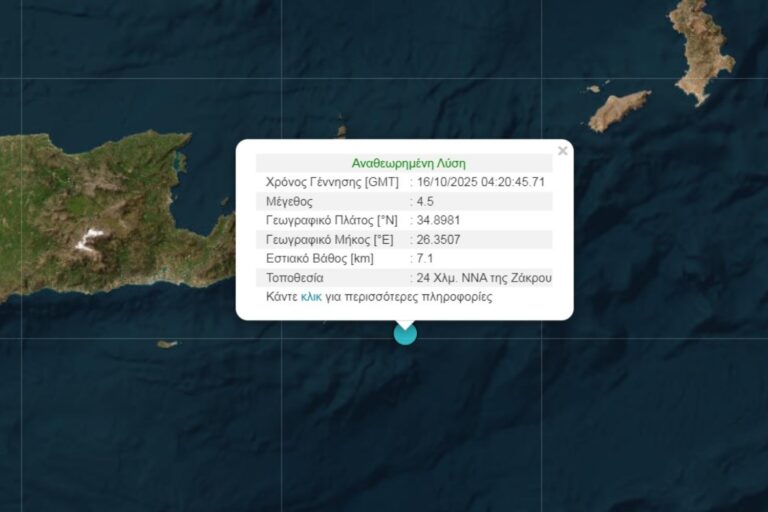 Σεισμός τώρα 4,5 Ρίχτερ στην Κρήτη – Έγινε αισθητός σε Λασίθι, Κάσο και Κάρπαθο