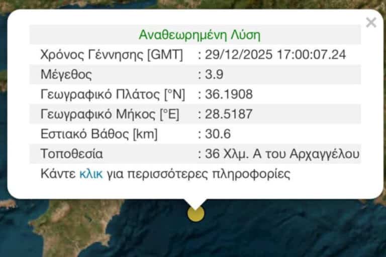 Σεισμός 3,9 Ρίχτερ στη Ρόδο