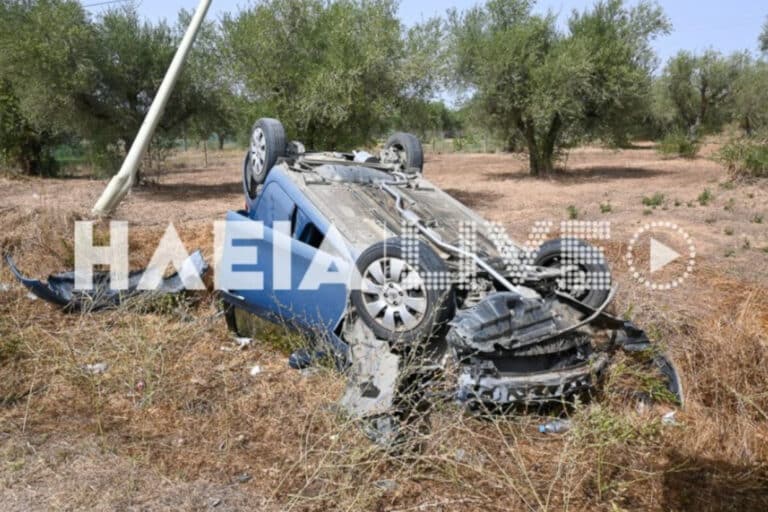 Αμαλιάδα: Αυτοκίνητο προσέκρουσε σε στύλο και ανατράπηκε σε χωράφι – Τραυματίστηκε η οδηγός (εικόνα)